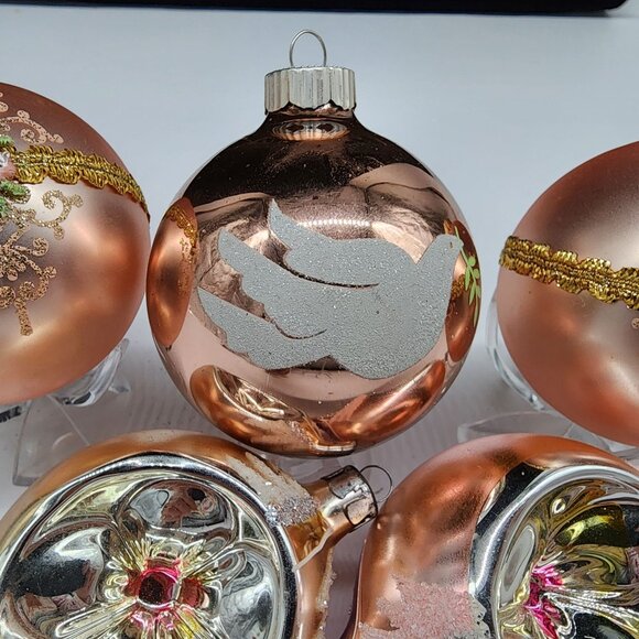 Vintage Rose Gold Glass Christmas Ornaments Set Of 5 With Floral & Dove Design - Picture 3 of 7